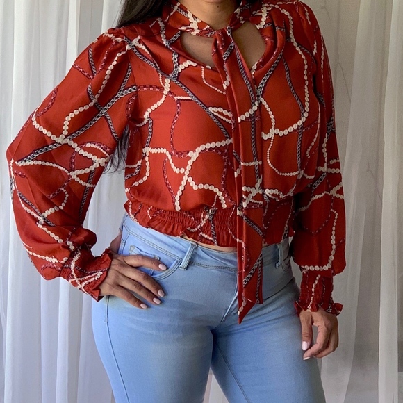 Neck Ribbon Blouse - Rust - Picture 3 of 3